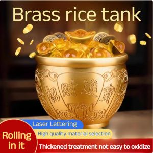 【招财进宝】Baifu Copper Cylinder Pure Brass Rice Jar Treasure Bowl Ornaments Living Room Home Wealth Money Copper Cylinder Ornaments百福缸黄铜米缸聚宝盆