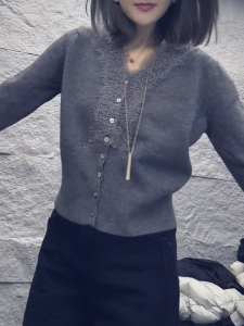 QINGNAER | Lace Trim V-Neck Knit Cardigan Big Size Gray
