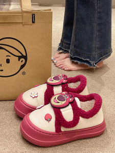 Cute Cartoon Velcro Cotton Slippers Womens Winter Indoor and Outdoor Fleece-lined Heattech Waterproof Non Slip Ankle Wrap Cotton Shoes