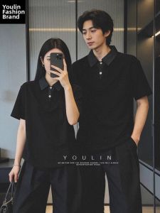 YOULIN | Black Illusion Layered Short Sleeve Polo Shirt Five-quarter Sleeves