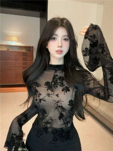 GUZILIAN | Pure Desire Spicy Girl See Through Top Womens Autumn Winter Bell Sleeve Half High Collar Mesh Base Shirt Inner Wear High End Feel Can Outerwear