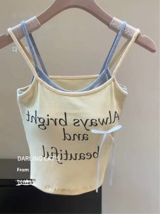 Stylish Niche Style Fake Two-Piece Beautiful Bows with Chest Pad Camisole Womens Outwear Yellow Sleeveless Tops