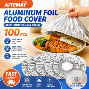 （Manila Ship) Reusable Washable Food‑Grade Aluminum Foil Heat Lid Flexible Multi‑Size Fit Bowl Dish Cover Heat Insulation Leak‑Resistant Food Preservation for Oven Takeaway Picnic Household Commercial Kitchen 10‑100Pcs Portable Tin Foil Food Wrap Cover