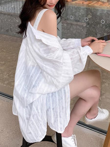 เสื้อเชิ้ตผ้าลินินคอตตอนแขนยาวทรงหลวมสไตล์ชายหาดสำหรับฤดูร้อน เสื้อคลุมกันแดดแบบบางสำหรับผู้หญิงไซส์ใหญ่