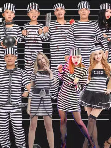 ชุดนักโทษสีดำและสีขาวสำหรับผู้ใหญ่ ชุดนักโทษแบบสวมใส่ ชุดการแสดงเด็ก ชุดนักโทษ ชุดการแสดงเด็ก เด็กชาย เด็กหญิง ชุดนักโทษ ชุดนักโทษ