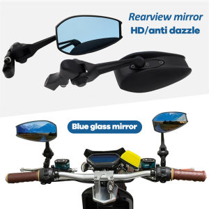 Motorcycle Aluminum Rear View Side Mirror Handle Bar End Side Mirror Universal Rear View Mirror 1Pair Full Adjustable Blue Lens