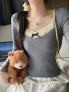 French Lace Splice Long Sleeve T-Shirt Womens Autumn Winter Fleece Lined Short Style Warm Base Shirt Inner Wear Top