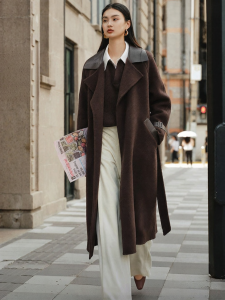 Yigue | Long Wool Coat with Leather Patch Design for Women