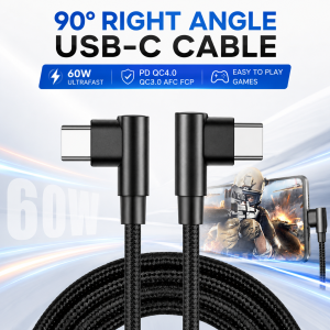 90 Degree USB C to USB C Cable 60W Fast Charging Right Angle Type C Cord Nylon Braided with Smart Chip for Gaming Phone Tablet