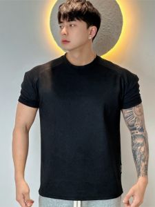 Summer Solid Color American Style Fitness Short Sleeve Mens Sport round Neck T-Shirt Casual Versatile Trendy Brand Heavyweight Training Wear