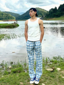 Cleanfit กางเกงขายาวทรงตรงผ้าลายสก็อตสีน้ำเงินสำหรับผู้ชาย กางเกงขายาวทรงตรงบางๆ สไตล์อเมริกัน กางเกงขายาวทรงหลวมสบายๆ สำหรับฤดูร้อน