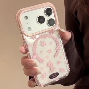 Korean Pink Rose Flowers Bowknot Pattern Magnetic Phone Case For iPhone 17 16 15 14 13 12 Pro Max Clear Shockproof Soft Cover