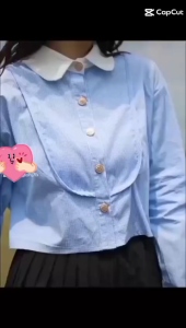 Áo sơ mi nữ kiểu CROPTOP sọc xanh tay dài cổ phối màu trắng SANG CHẢNH