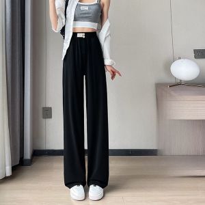 LANGPIN | Slim Fit Ice Silk Wide Leg Pants Womens Summer Thin Hanging Sensation Casual Trousers High Waist Long Pants Nylon Spandex