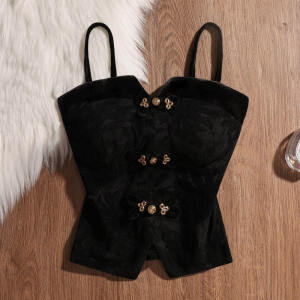 Black Chinese Style Button Flag Dress Strap Vest Womens Slim Fit Inner Wear French Sweet Spicy Top Outerwear Short Length