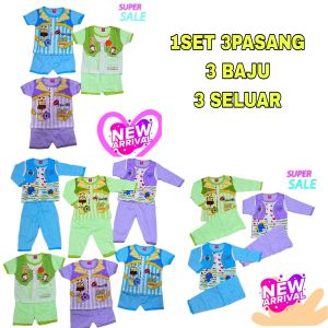 1Set 3Pasang ( 5-12bulan ) Baby Sleepsuit Pajamas Lenggan