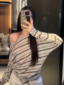 YUEZHONGWEI | Asymmetrical Shoulder Long Sleeve T-Shirt Womens Summer Thin Outerwear Shoulder Bared Air Conditioning Cover Up Top Striped