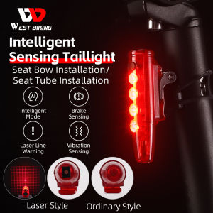 WEST BIKING Smart Bicycle Rear Light Cycling Waterproof Type-C Rechargeable Tail Light With Laser MTB Road Bike Light Night Safe Warning LED Light