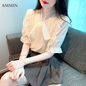 Ammin thời trang phong cách Hàn Quốc khí chất Phụ Nữ Ngắn Tay Bow áo cánh vải voan 2023 mùa hè mới bằng gỗ Tai cạnh nối Chic tay áo bong bóng Tops