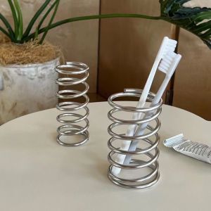 Simple Creative Spring Shape Stainless Steel Toothbrush Storage Rack Makeup Brush Storage Tube Office Desktop Decoration