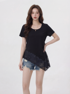 AIYITI | Lace Splicing Irregular Short Sleeve T-Shirt Big Size Concealing Stomach