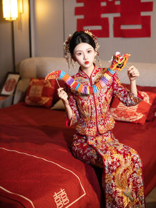 Velvet Dragon And Phoenix Dress Heavy Embroidery Chinese Style Wedding Gown New 2025 Bride Suit Straight Collar Long Sleeve