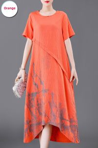 Summer New Style Mommy Cotton Linen Short Sleeve Midi Knee-Length Dress Straight Cut Office OL Style Comfortable Breathable Dress