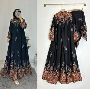 gamis set hijab rayon motif viral terbaru 2024 dress premium busui friendly baju kondangan simple elegan