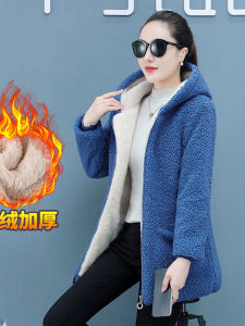 2025 New Korean Style Loose Slimming Warm Fleece Lined Thickened Slimming Open Cardigan Particle Velvet Mid-Length Outerwear for Women