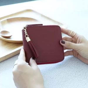 Ví Nữ Thời Trang Viền Tua Rua Hình Vuông Có Khóa Kéo Đa Năng Nhỏ Gọn Đựng Tiền Và Thẻ Chất Liệu Da PU Có Ngăn Bên Trong