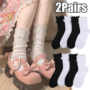 2pairs Lolita Socks Girl Bow Middle Tube Ankle Jk Pile Socks Female Solid Color Stockings