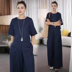 Summer Fashion Casual Wide Leg Pants Set Womens plus Size Loose Slimming High End Leisure Two Piece Set Pure Color