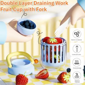 Portable Lasha Cup Double Layer Draining Work Fruit Cup with Fork Large Capacity Double Drainage Crisper