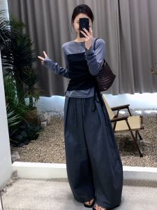 SHANGSHA | Stylish Korean-style Gray Pseudo Two-piece T-Shirt and Pants Set
