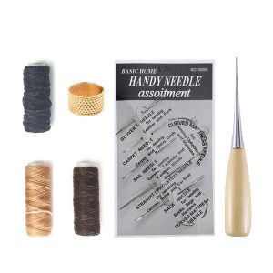 Amoki 12pcs Leather Sewing Kit Sewing needle/Wooden Handle Awl/30m Wax Thread