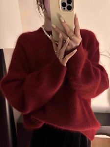 Soft Plushy Womens Knitted Sweater New Year Red Mink Bear Velvet Autumn Winter Warm Loaf Style Fashionable Commute Loose Fit