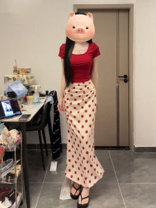 Karrar betsey | Vibrant Summer Youthful Red Blouse Polka Dot Long Skirt Set