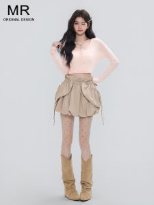 Váy Chữ a Cạp Cao Xếp Ly Màu Kaki Cho Nữ Mùa Thu 2025 Váy Ngắn Bó Sát Thiết Kế Mới Có Dây Rút