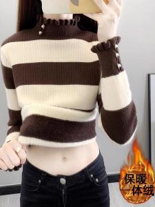 Áo Len Dệt Kim Cổ Tròn Lót Lông Cừu Thời Trang Thu Đông Mới Cho Nữ Áo Khoác Ngoài Bên Trong Áo Sơ Mi Dài Tay Ấm Áp