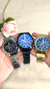Chronograph Watch Jam Tangan Pria Premium Dial Biru Anti Karat Fashion Tampilan Elegan