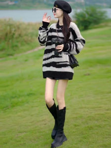 Trendy Winter Sweater Womens Mid-Length Knitted Top Striped Lazy Style Fashionable Winter Clothes Casual Commute Style