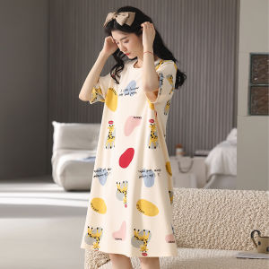 MiiOW | ชุดนอนผู้หญิงแขนสั้นผ้าฝ้ายแท้ MiiOW Cat Lady ฤดูร้อน 2025 ชุดนอนลำลองระบายอากาศได้ดี กระโปรงยาวปานกลาง คอกลม กระดุมเดียว