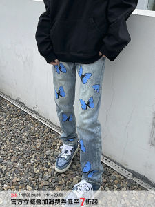 กางเกงยีนส์ขายาวทรงตรงพิมพ์ลายผีเสื้อสไตล์ฮิปฮอปสำหรับผู้ชายและผู้หญิง กางเกงขายาวทรงตรงเอวกลาง ทรงตรง กางเกงยีนส์ขายาวสำหรับฤดูใบไม้ผลิ