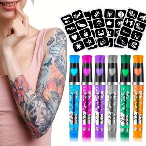 6 Color Temporary Tattoo Pen Set with 4 Tattoo TemplatesBody Art Marker Creates Bold And Fine Lines for Body And Face Coloring