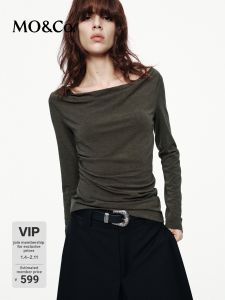 MO&Co. | Spring Autumn One-shoulder Pinch Pleated Waist Cinched Embroidered Long Sleeve Top