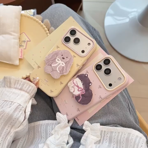 Cream Color Block Big Camera Window Cartoon Dog Cat Stand Glossy TPU Phone Case For iPhone 17 16 15 14 13 Pro Max
