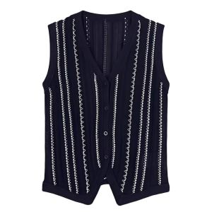 YUEZHONGWEI | French V-Neck Striped Ice Silk Linen Knit Vest