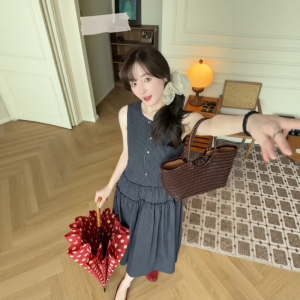 VKSOD | Elegant Plaid Sleeveless A-Line Long Dress Womens Summer Design Sensation Lace Trim Slimming Dress Korean Style Commute