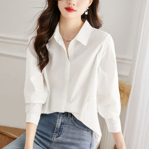 Elegant Pure Cotton Striped Shirt Womens Long Sleeve Commute Design Korean Style Loose Fit Button Detail Mid-Length Shirt