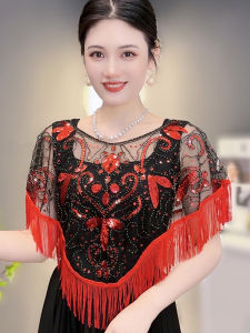 Tassel Shawl Women Summer round Neck Mesh Sequin Cover up Top with Skirt Casual Half Sleeve Cardigan Hooded Kimono Style